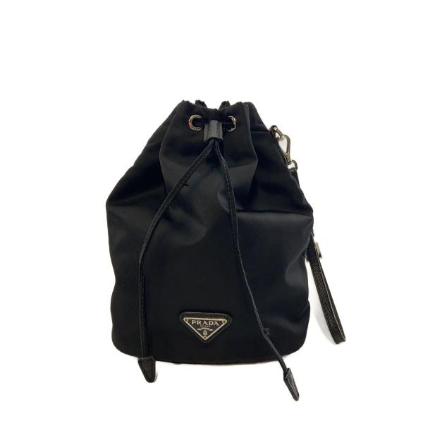 PRADA◇RE-NYLON/巾着/三角プレート/若干傷有/ポーチ/ナイロン/BLK
