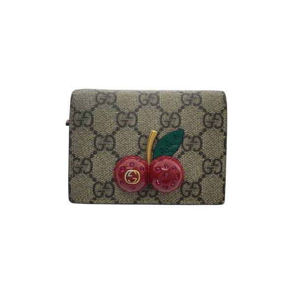 GUCCI◇さくらんぼ/2つ折り財布_GGスプリーム/レザー/ベージュ/総柄