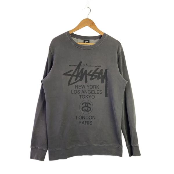 STUSSY◇スウェット/M/コットン/GRY/プリント/ワールドツアークルー