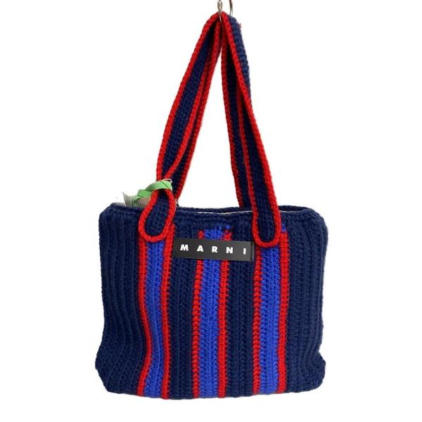 MARNI◇フィケクロシェ/ニットトートバッグ/--/NVY/ストライプ 