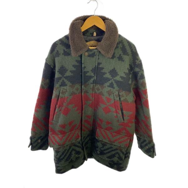 Woolrich◇90s/襟ボア/ネイティブ柄/コート/M/ウール/KHK/総柄