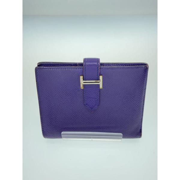 HERMES◇ベアンコンパクト/BEARN/2つ折り財布/レザー/パープル/無地