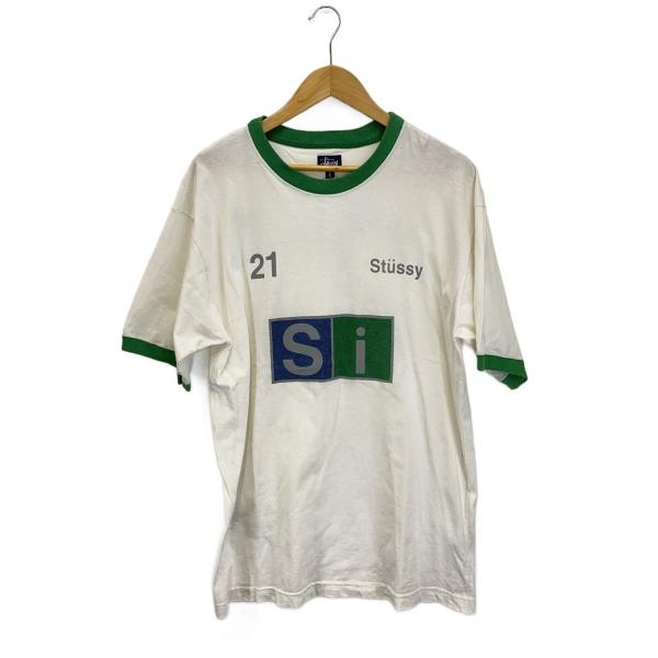 STUSSY◇90s 紺タグ/リンガーTシャツ/L/ホワイト×グリーン/21/Si