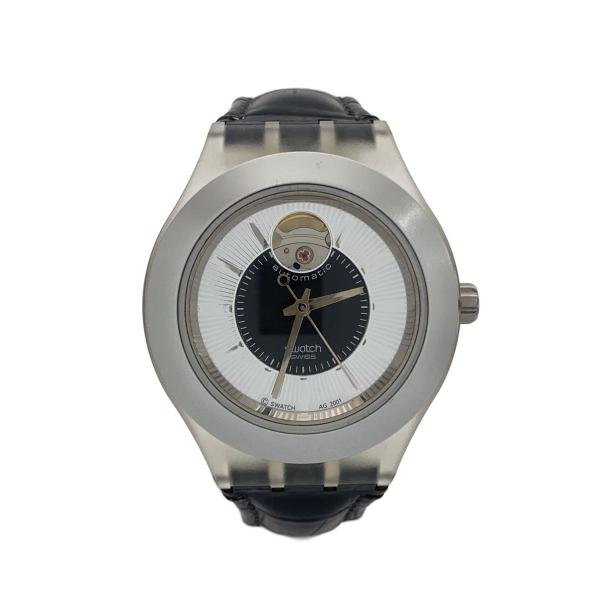 SWATCH◇自動巻腕時計/irony/アナログ/レザー/SLV/BLK/スウォッチ