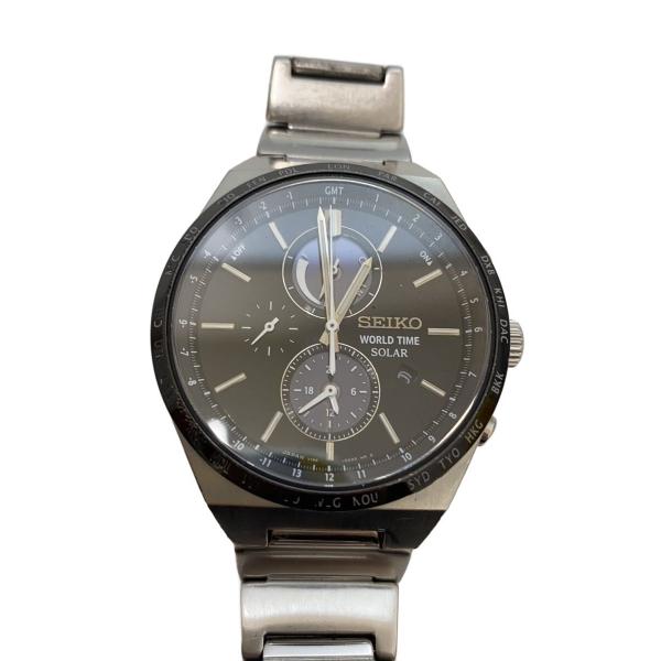 SEIKO◇WORLD TIME SOLAR/ソーラー腕時計/アナログ/ステンレス/BLK/BLK