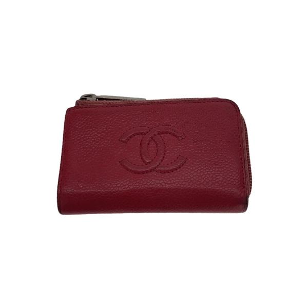 CHANEL◇キャビアスキン/内側使用感有/コインケース/レザー/PNK/無地