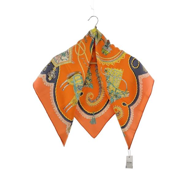 HERMES◇スカーフ/シルク/オレンジ/総柄/レディース : セカンド