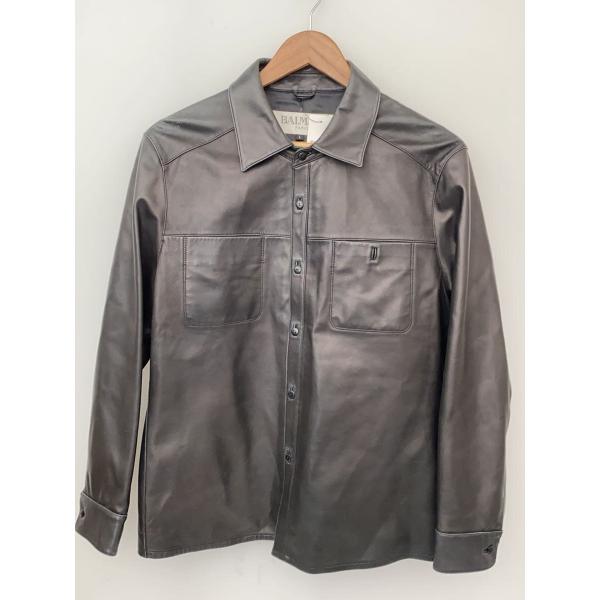 BALMAIN◇オーバーシャツレザージャケット/L/羊革/BLK/無地 : セカンド