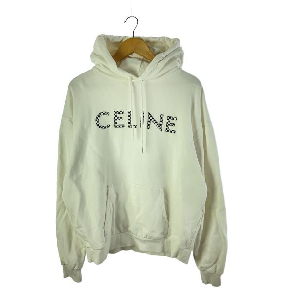 5958【人気デザイン】セリーヌ‪☆グラデーションロゴ入りパーカー ホワイト CELINE◇スタッズロゴパーカー/L/コットン/ホワイト/2Y479052H/シミ