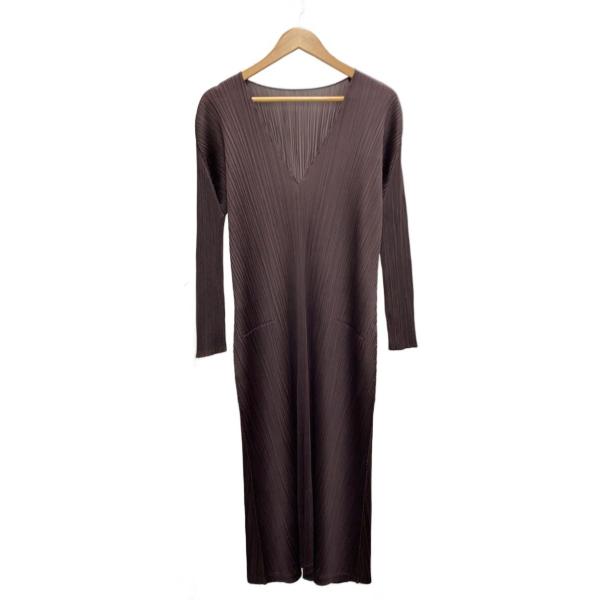 PLEATS PLEASE ISSEY MIYAKE◇長袖ワンピース/3/ポリエステル/BRD/無地