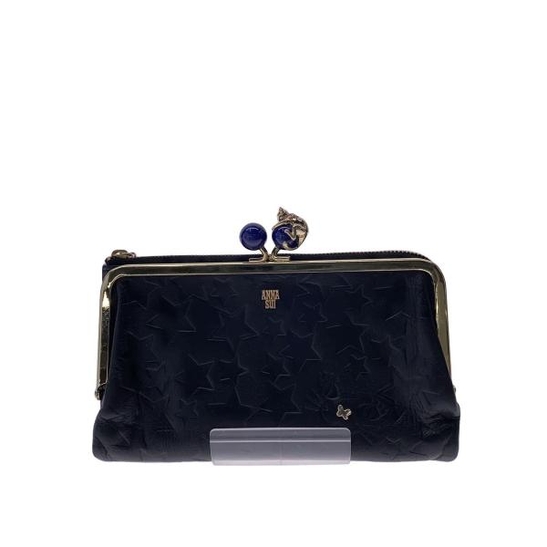 ANNA SUI◇プレイングキャット/がま口/星柄型押し/長財布/レザー/BLK