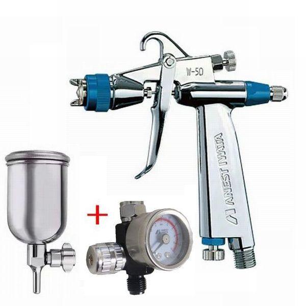 ○セット内容スプレーガン：W-50-124BPG塗料カップ：PC-150SB-2LF(内容量：130ml、ステンレス、脚付フリーアングル)小型手元圧力計メーカー・・アネスト岩田シリーズ・・美粧シリーズ形式・・W-50-124BPG塗料供給方...