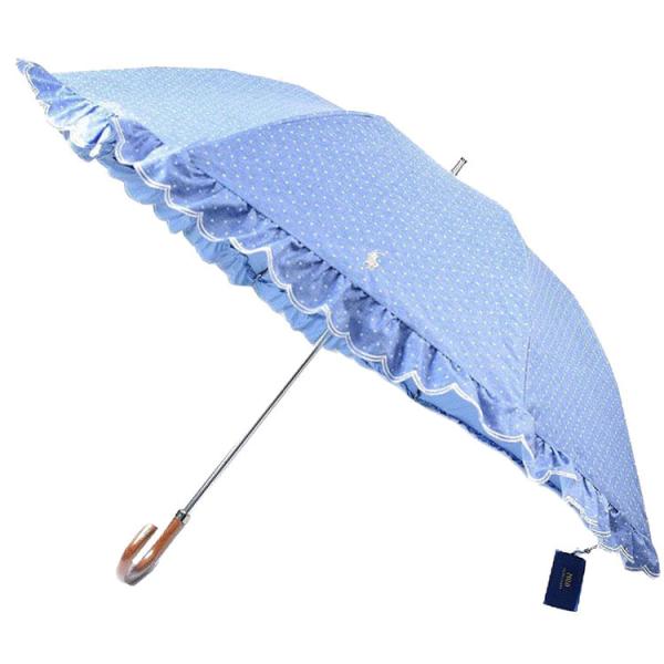お値下げ！ ポロ・ラルフローレン☆ブルー水玉 フリル 晴雨兼用折りたたみ傘 POLO RALPH LAUREN ポロ ラルフローレン 日傘 折りたたみ 傘