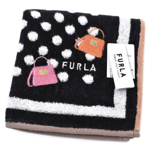 タオルハンカチ フルラ 1枚 レディース ブランド 黒 ブラック 白 ホワイト ドット バッグ ロゴ 刺繍 女性 婦人 ハンドタオル