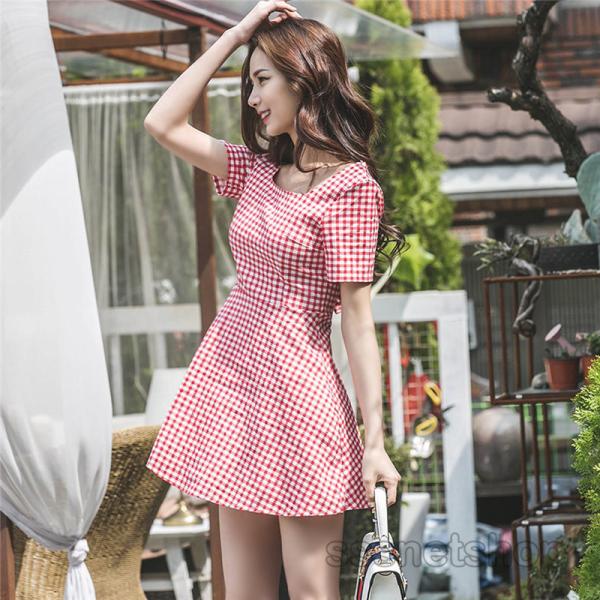 ワンピース レディース フリルワンピース チェック柄 ミニ丈 スクエア