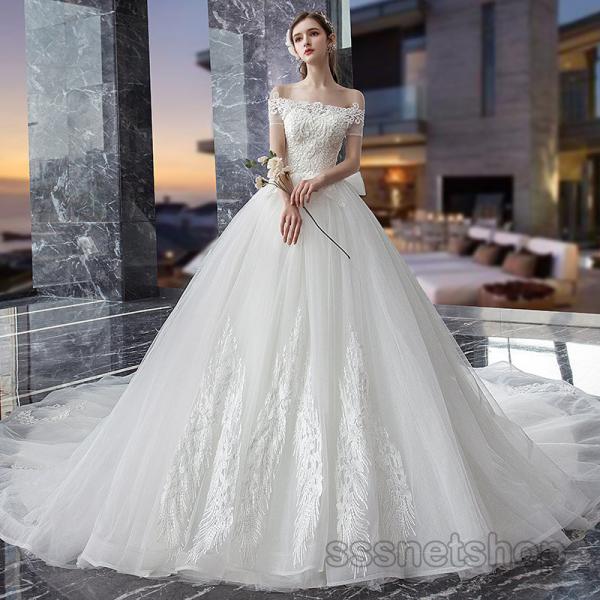 内祝い ウェディングドレス オフショルダー レース 花嫁ドレス トレーンライン 結婚式 フォーマルドレス ナイトドレス コンサート ブライダル 発表会 Sssnetshop Lubarol Com
