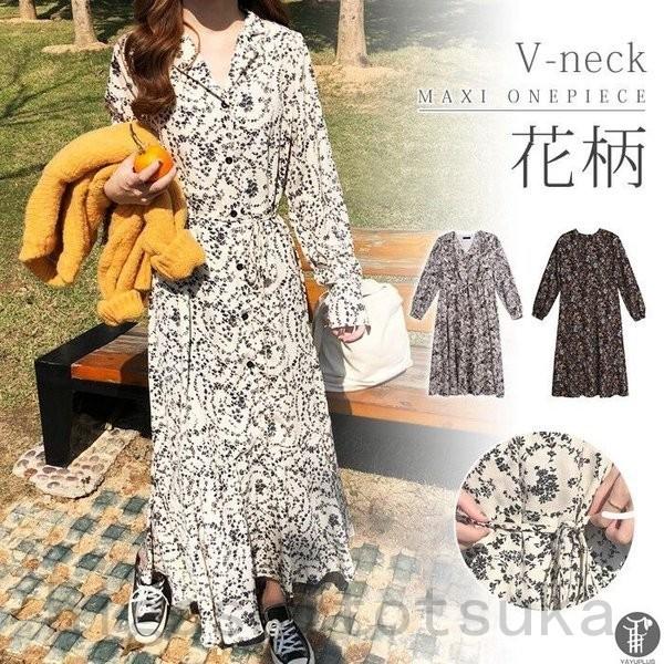ワンピース 花柄 レディース Vネック マキシ丈 ロングワンピース マキシワンピース 長袖 エレガント ボタニカル柄 代引不可 Goo Miz3serp Stカンパニー 通販 Yahoo ショッピング