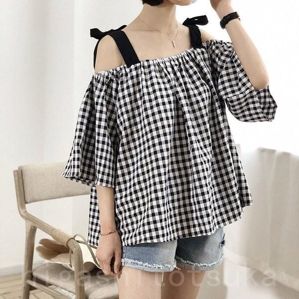 ギンガムチェック オフショルダー リボン トップス 夏 レディース ベルスリーブ メール便 Joy C4p4r3tg Stカンパニー 通販 Yahoo ショッピング