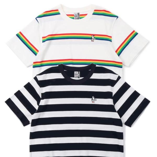 CHUMS チャムス ブービーピケＴシャツ CH02-1170 メンズ 半袖 鹿の子 ボーダー ワンポイント ペンギン ホワイト ネイビー レインボー M L XL 涼しい 爽やか