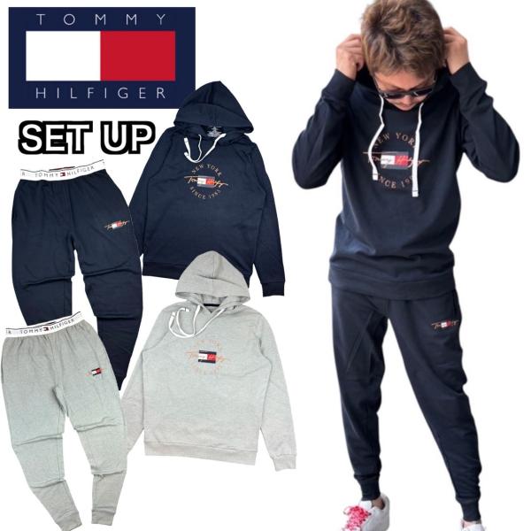 ■ブランド/TOMMY HILFIGER ■素材/60%コットン40%ポリエステル■アイテム(上下セットアップ)/トップス：09T4502　パーカーボトムス：09T4503　ウエストバンドジョガーパンツ■カラー/ネイビーグレー■サイズ/【ト...