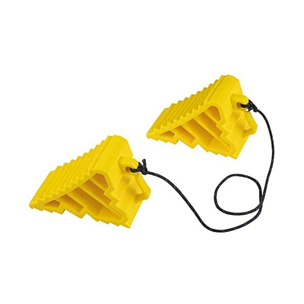 坂道駐車、ジャッキアップ時の輪止め。軽くて強い樹脂製タイヤストッパー。後続車から視認性抜群のイエローカラーを採用。夜間も目立つ反射ロープ付属。軽自動車から4t車まで対応。【嫌なにおいがしない・耐候性に優れた材質】ポリプロピレン製で車載しても...