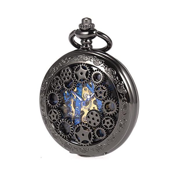 Manchda メンズ ゴールド 二重カバー 蒸気時代 復古風 歯車 ローマ数字 手巻き 2 ブラック 新品