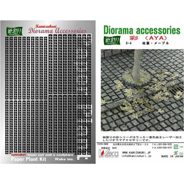 ラッカー系まだら塗装を施した薄紙を加工しました。葉脈もしっかりと表現されています。切離しは簡単です。■キット内容：葉1056枚■材質：薄紙、彩色済み■メーカー：和巧検索ワード：ペーパークラフト、レーザーカット、ストラクチャー