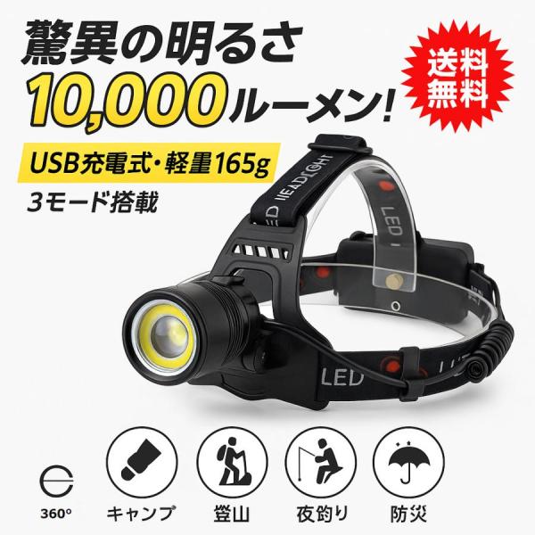 ヘッドライト 充電式 LED 最強ルーメン USB充電 釣り 高輝度 防水 登山 アウトドア 作業灯