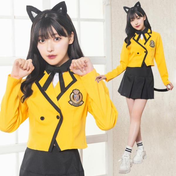 ≪Costume/Halloween≫ 黒猫 x 黄色い制服黄色い制服で大人気の韓国アイドル気分に！猫耳カチューシャと尻尾もセットになっていてお買い得！！●内容：カチューシャ、シャツ付きジャケット、スカート、リボン、しっぽ●素材：ポリエステ...