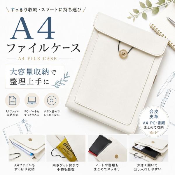 フェイクレザー ファイルケース レザーケース ファイルバッグ ビジネスバッグインナーバッグ パソコンケース 書類ケース対応 資料ケース 白 ホワイト