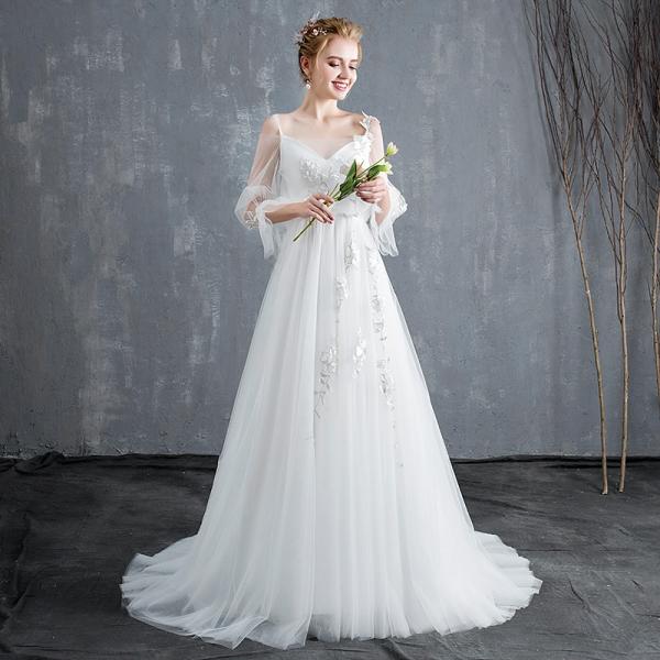 ウエディングドレス Aライン 白袖あり レース ウェディングドレス 花嫁 結婚式 パーティードレス 二次会 ブライダル ロングドレス イブニング 玄関先迄納品