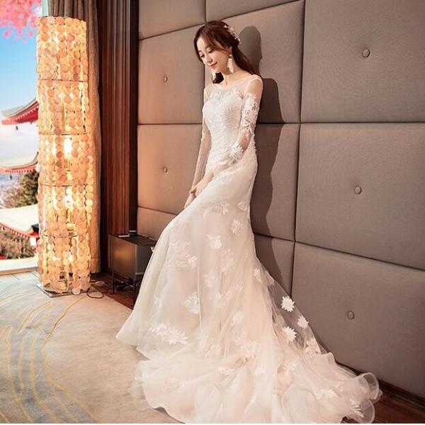 ウエディングドレス 白 安い 花嫁 長袖 結婚式 マーメイドラインドレス 