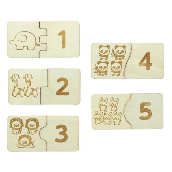 動物のイラストと数字を組み合わせる木製のパズルです。楽しく数字が学べます。商品サイズ103×55×55mmセット内容イラストパズル×10、数字パズル×10