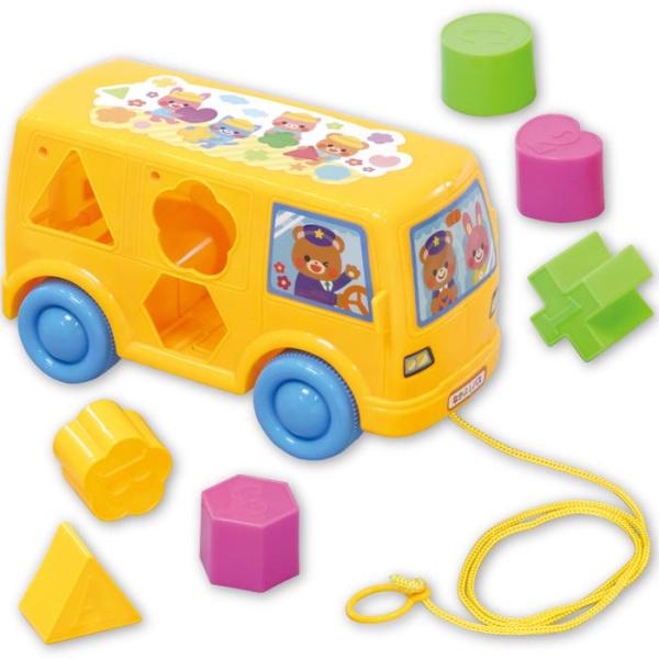 大きなバスをひっぱったりかたちあわせをしよう！商品サイズバス：210×120×105mm、ひも：約φ3×600mm、ブロック（1ピース）：約40×40×40mmセット内容バス×1、ブロック×6