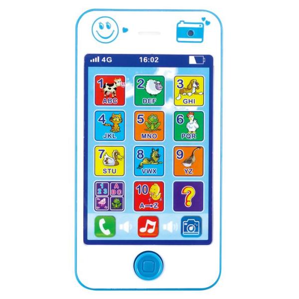 カメラやクイズなどいろいろなボタンに連動した機能があるので、たくさんの遊び方ができるスマートフォン型のオモチャ商品サイズ65×160×15mmセット内容本体のみ