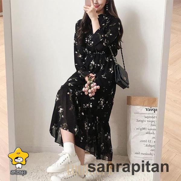 詩仙堂 シセンドウ フード シフォン ロング チュニック ワンピース 花柄 黒 春 夏 シフォンワンピース 花柄 レディース ワンピース 長袖
