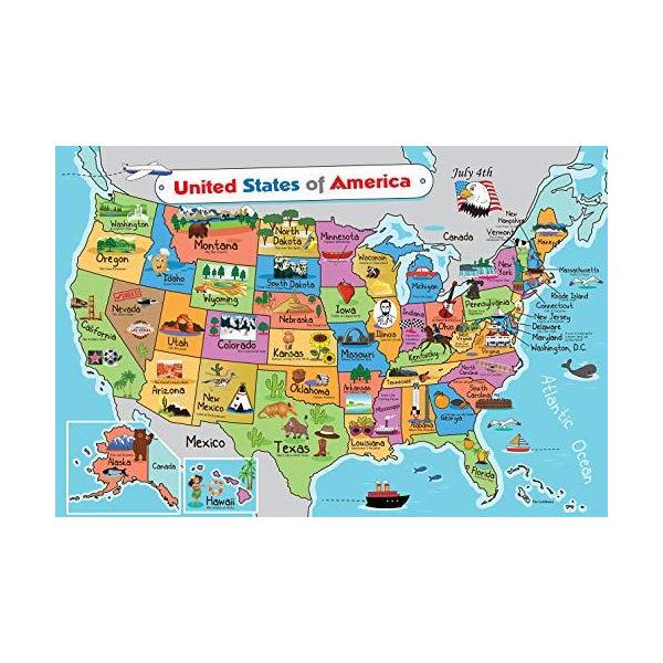 キッズ米国地図 | ウォールポスター 13×19インチ アメリカ地図プレミアム紙 | 50アメリカ スローガンと画像付き - ラミネート加工