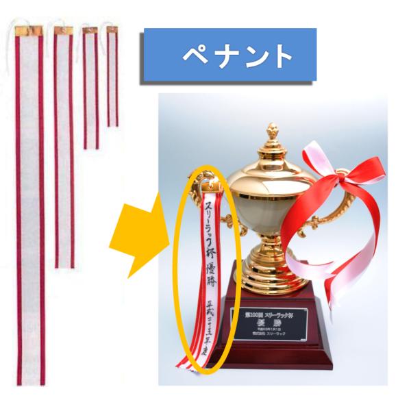 トロフィーや楯、優勝カップに取り付ける表彰ペナント。優勝者名や大会回数、日付などをご記入いただけます。５本１セット