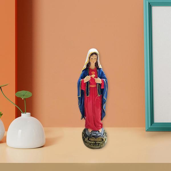 聖母マリアの像の置物の彫刻は家の棚のデスクトップの青赤のために宗教
