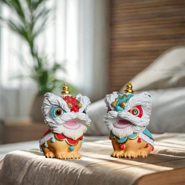 2 個の獅子舞の彫像動物の彫刻伝統工芸品屋内デスクトップへの理想的な