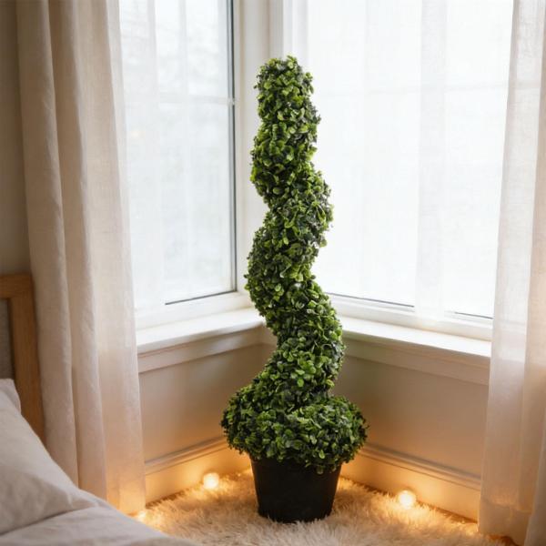 人工ツゲのフェイク植物スパイラルトピアリーツリー（家庭用、農家風、バルコニー用）100cm