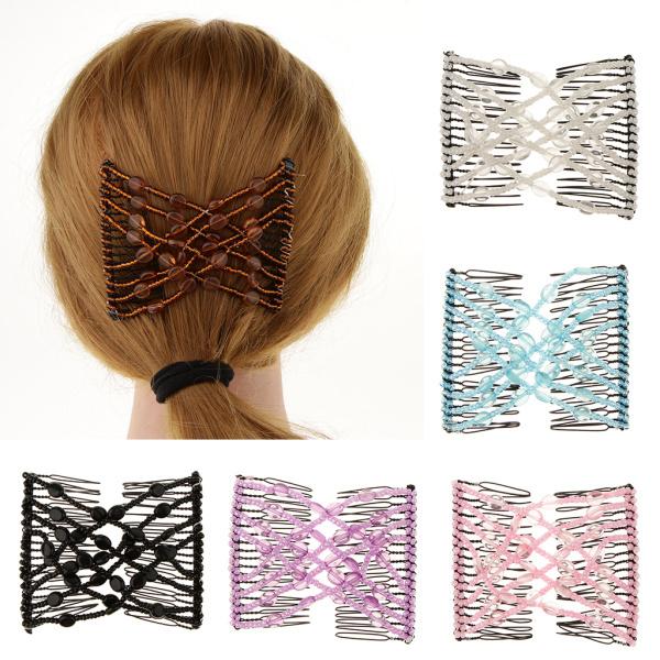 ストレッチダブルヘアコームクリップ弓ビーズダブルクリップヘアアクセサリーブルー