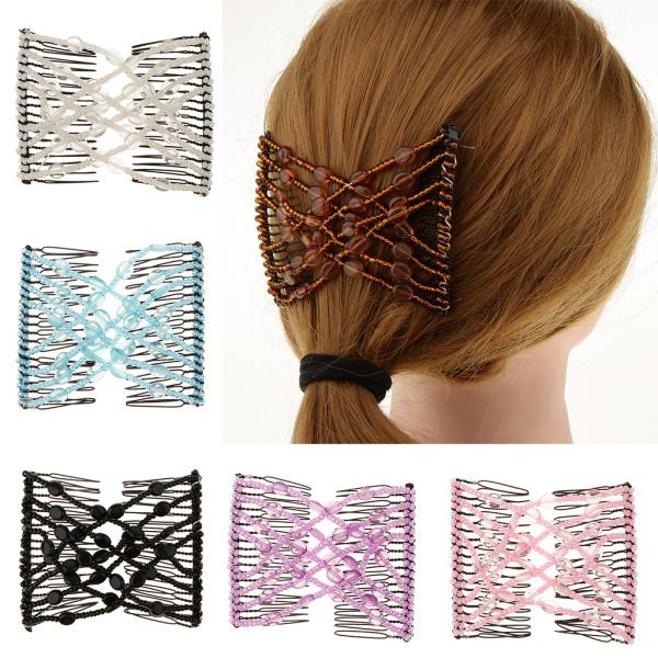 ストレッチダブルヘアコームクリップ弓ビーズダブルクリップヘアアクセサリーブルー