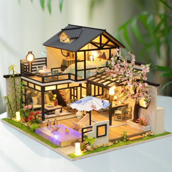 家具付きDIYドールハウスミニチュアキットLEDライト付き3D木製ミニチュアヴィラ、ミニチュアドールハウスキット