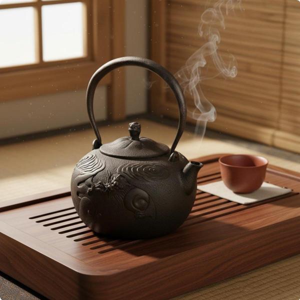 鉄瓶 鋳鉄 茶道具 ドラゴン 彫刻 手作業 風合い 金箔 風 装飾 均一 加熱 長時間 保温 上品 佇まい 茶室 書斎 リビング 使用 に適用