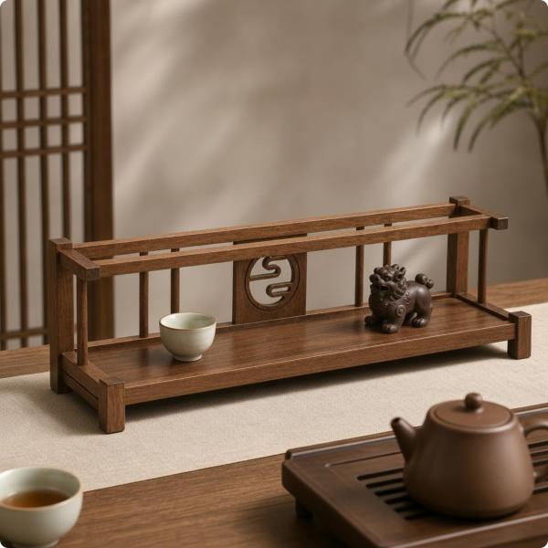 茶器棚 卓上 茶器収納ラック 和風 中国風ディスプレイ棚 オープンシェルフ 木製ディスプレイラック な質感 湯呑みホルダー お茶愛好家 コレクター用 茶卓用