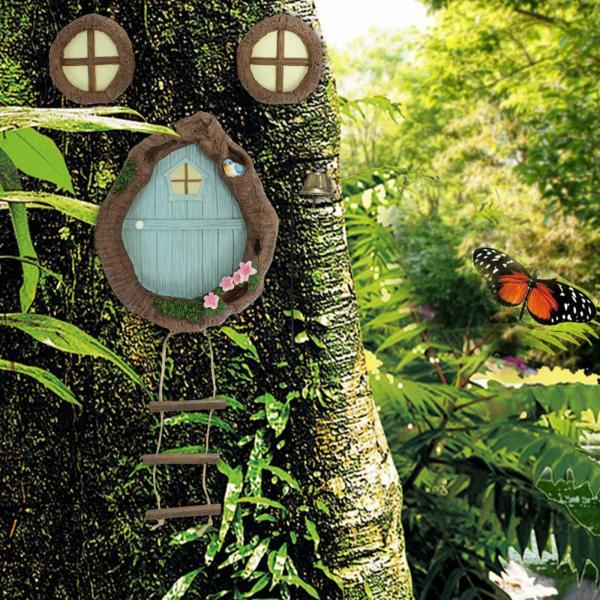 妖精のドアと木用の窓 ミニチュア妖精の庭 屋外装飾、芝生の飾り  