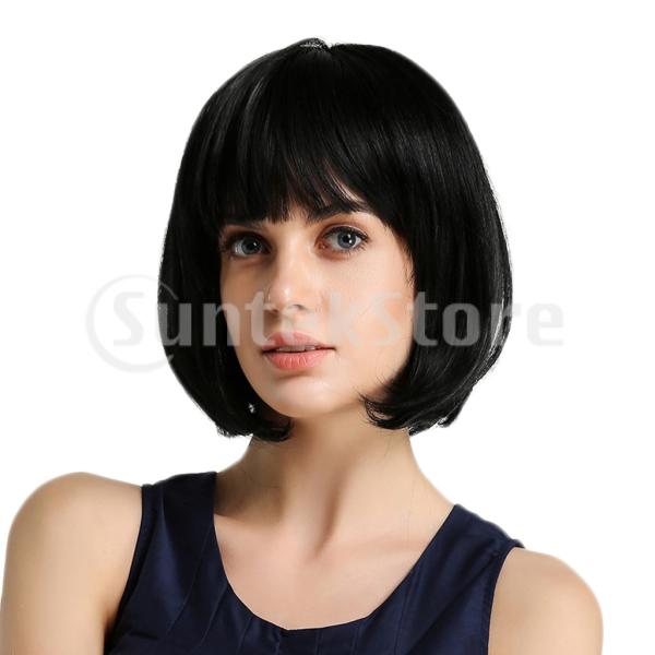 黒人女性コスプレショートストレートボブ人間の髪の毛フルヘッドかつらきちんとしたバング Www Cedrom Com Br