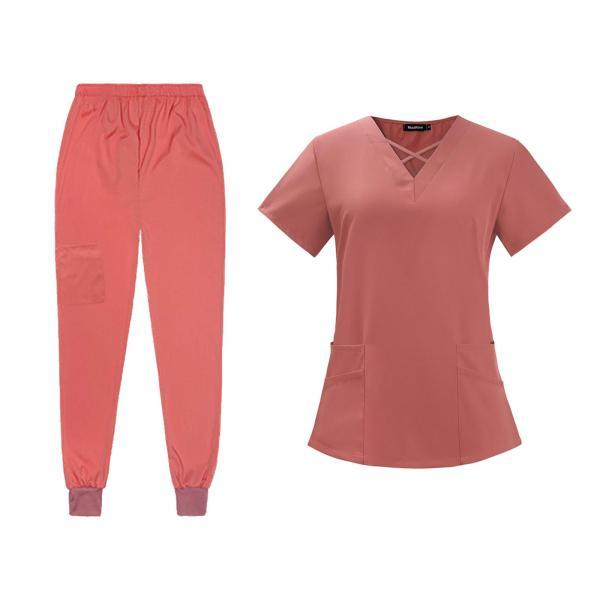 女性スクラブセット 薄い作業服 美容 ペットショップ 手術室 XL オレンジレッド