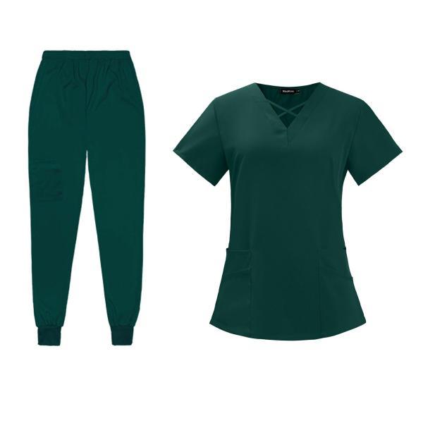 女性スクラブセット 薄い作業服 美容 ペットショップ 手術室 XL ダークグリーン